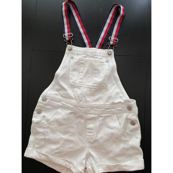 Tommy Hilfiger Kids Denim Overall Short Girls 8/10 White Heritage 90s Streetwear - Picture 1 of 10